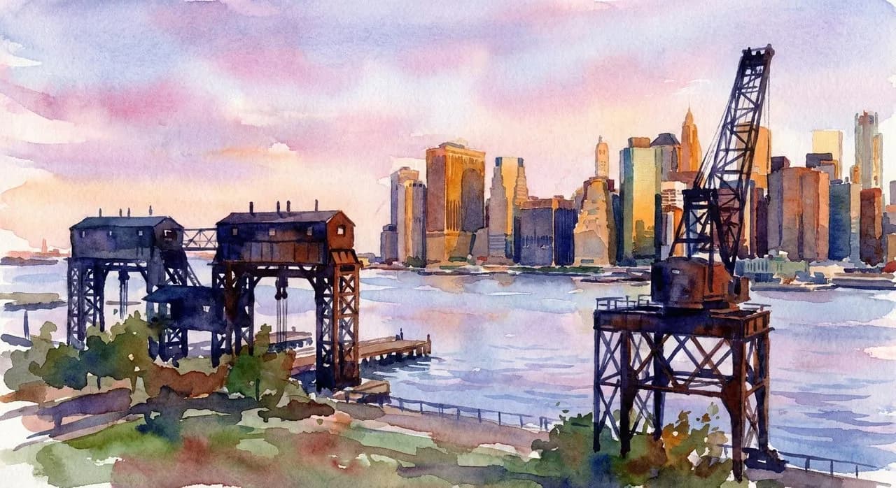 Domino Park at dawn with the Manhattan skyline lighting up across the East River, Williamsburg waterfront