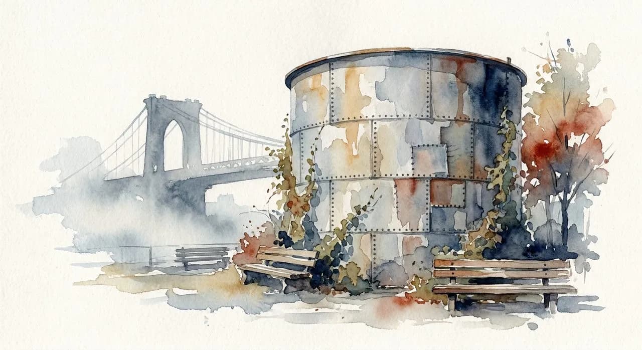 The salvaged Syrup Tank play structure at the south end of Domino Park, with the Williamsburg Bridge in the background