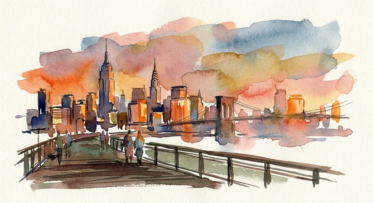 Manhattan skyline at golden hour from the Domino Park crane-gantry walkway, Empire State and Chrysler towers catching first sun