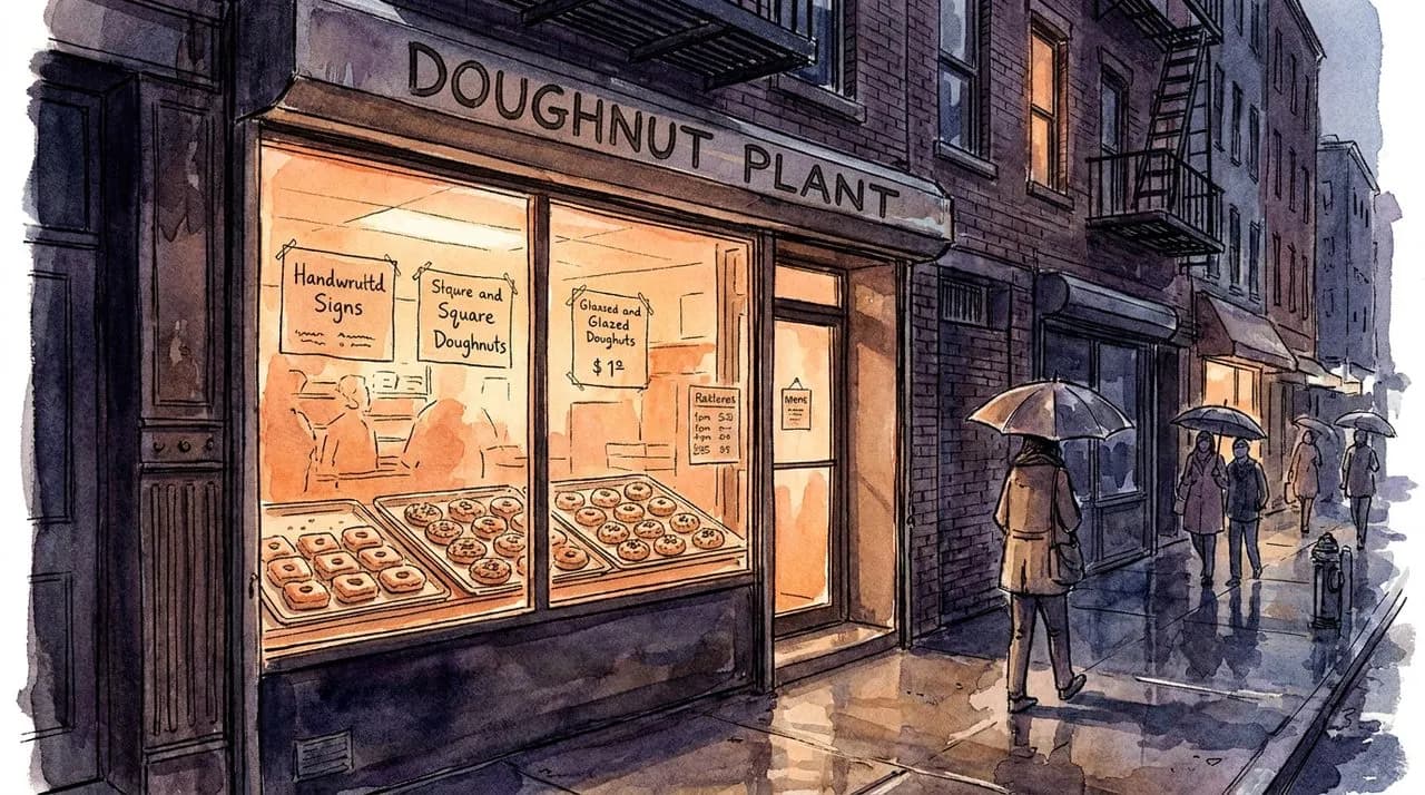 Hero — the front window of Doughnut Plant at 379 Grand Street before dawn, glowing warmly against the dark Lower East Side block, with the original storefront sign and a tray of freshly glazed square doughnuts just visible behind the glass