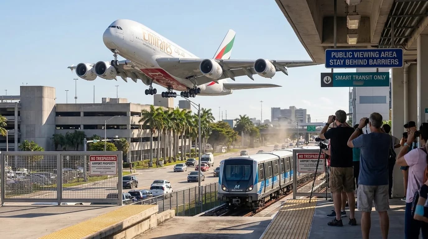 Airbus A380: Miami Plane-Spotting Corners With Smart Transit Limits — photorealistic Miami editorial scene