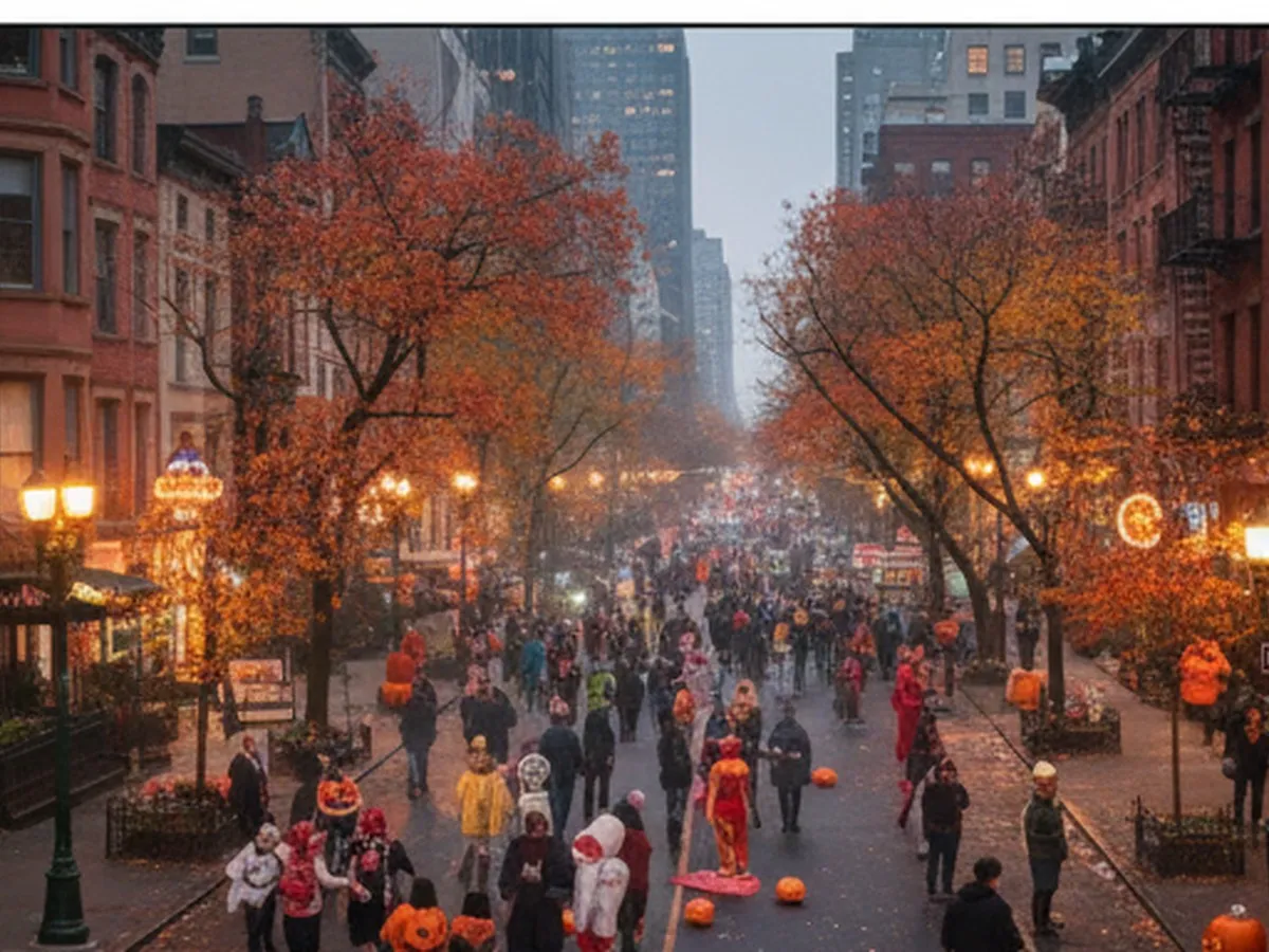 Twilight aerial view of a busy Greenwich Village street in Manhattan on Halloween night, with brownstone buildings, fall foliage, and a crowd of people in costumes walking along closed-off blocks, lit by street lamps and storefronts, photographed with a shallow depth of field and natural, moody lighting.