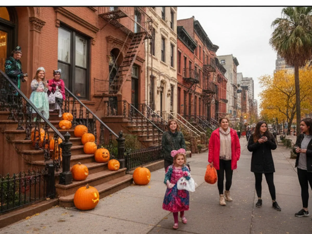 A photorealistic scene on a Brooklyn residential block at dusk showing families trick-or-treating, children in costumes climbing brownstone stoops, carved pumpkins glowing on railings, and parents chatting on the sidewalk, shot from eye level with warm street lighting and crisp autumn atmosphere.