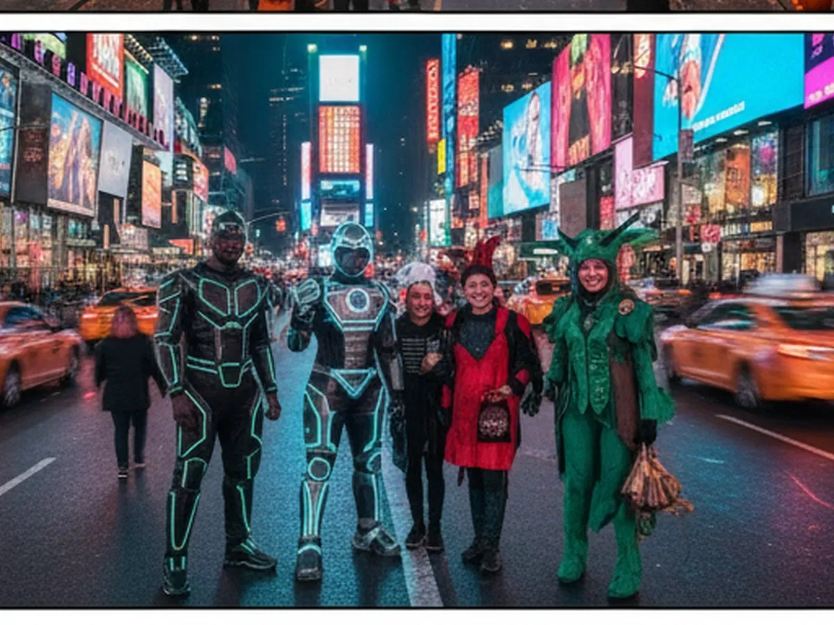 Nighttime close-up view in Times Square featuring adults in creative Halloween costumes posing for photos among bright billboards, with taxis and pedestrians moving through the background, captured with realistic motion blur and vivid city lights.