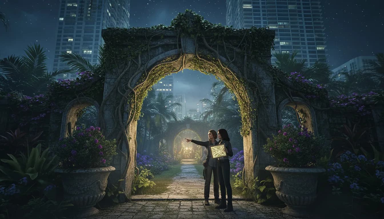 Lions Gate Portal 2026: Miami's Mystical and Overlooked Public Spaces — photorealistic Miami editorial scene