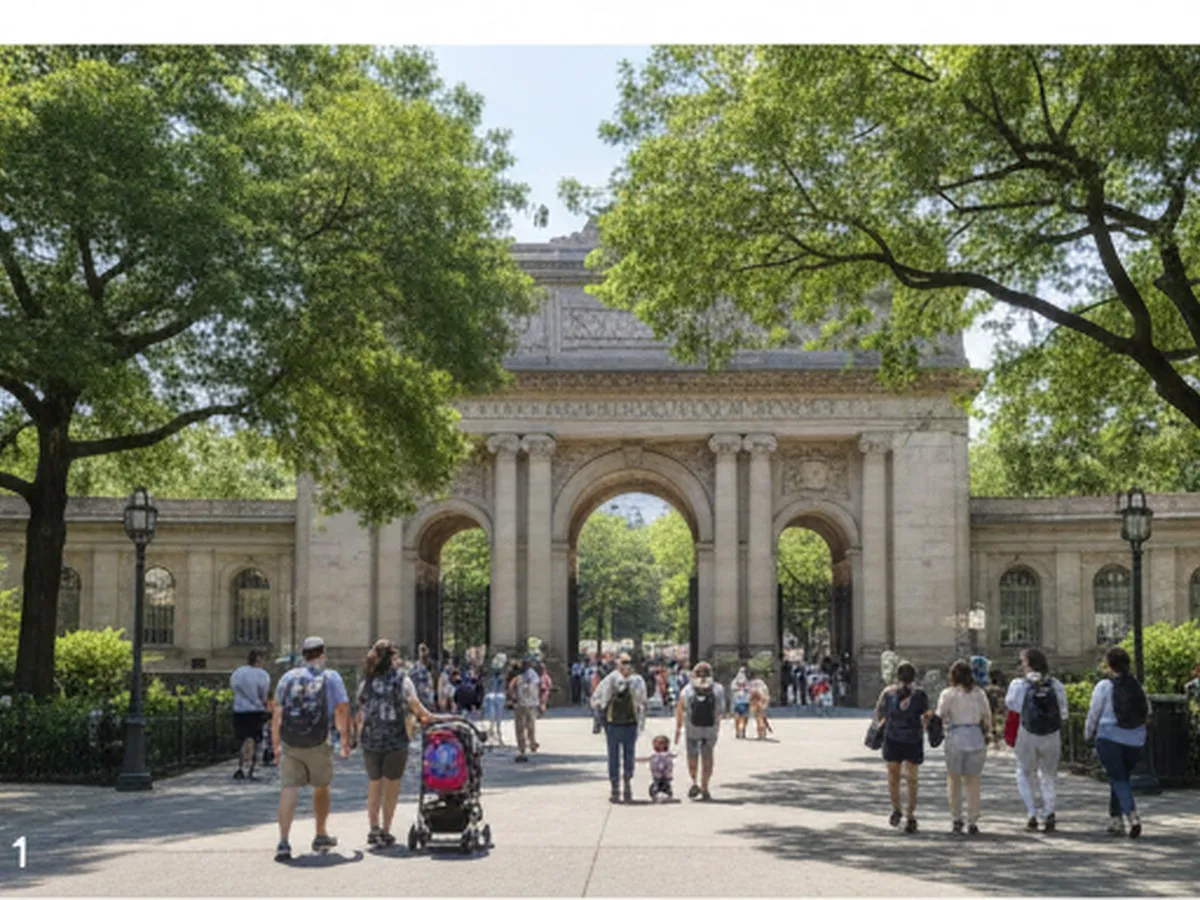 A bright summer editorial photo of visitors entering the Bronx Zoo plaza from a tree-lined urban street, with families, backpacks, strollers, and the zoo entrance architecture framed by lush greenery, shot in natural daylight.