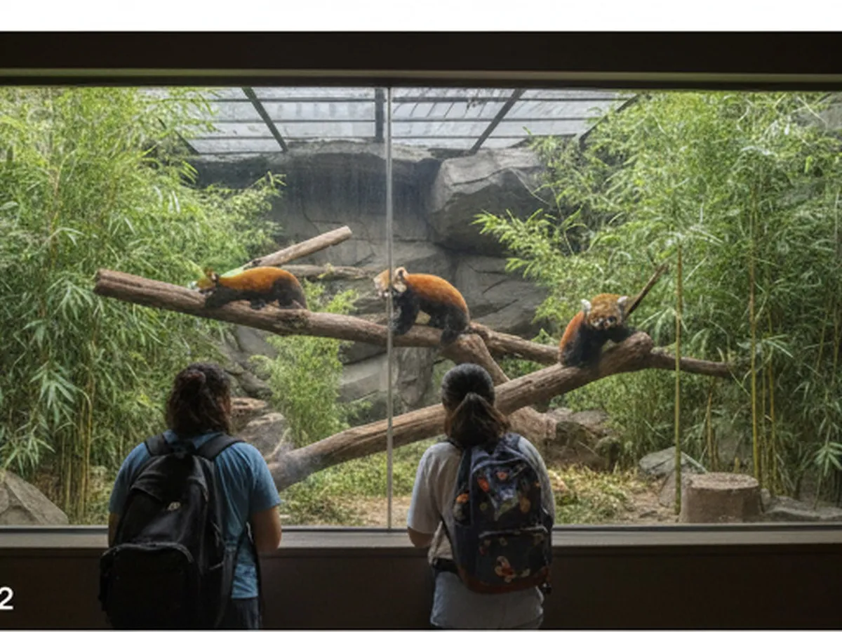 A photorealistic scene inside a zoo habitat area with visitors pausing at a viewing window, animals visible in a naturalistic enclosure, and open walkways shaded by trees, captured in crisp midday light.
