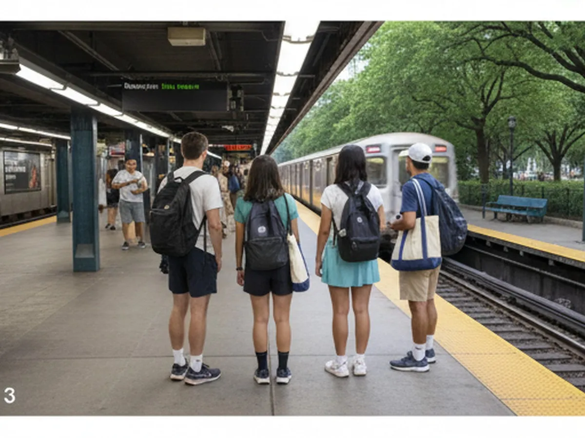 An NYC transit-focused editorial photo of riders on a subway platform preparing for a day trip, with casual summer clothing, tote bags, and a city-to-park feel, photographed in realistic natural color.