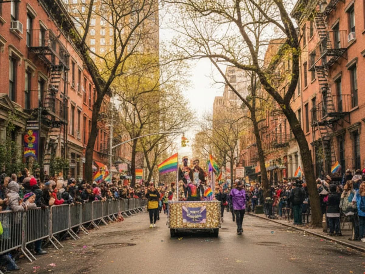 Afternoon scene in Greenwich Village during a pride parade, with a diverse crowd along tree-lined streets, rainbow flags held by spectators, and simple parade floats passing by brownstone buildings, all captured from curb level without any visible text or identifiable celebrities.