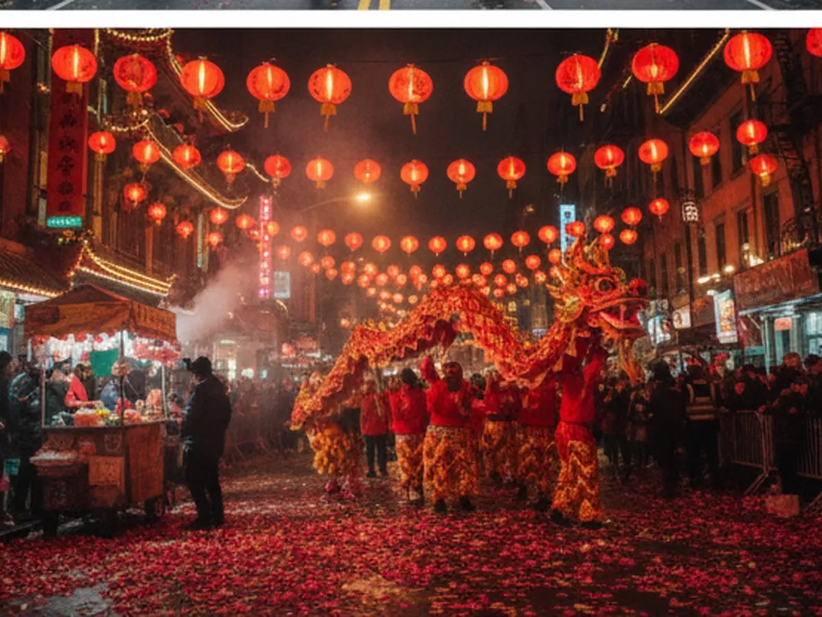 Nighttime Chinatown street scene during Lunar New Year, with red lanterns hanging above, paper confetti on the ground, a colorful dragon dance winding through a crowd of bundled-up onlookers, and steam rising from food carts, framed between non-branded storefronts with signs too small to read.