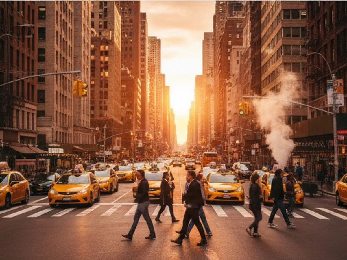 Golden-hour street scene in Manhattan looking down a busy avenue, with yellow cabs, pedestrians crossing, steam rising from a vent, and tall skyscrapers catching warm light, shot at eye level in a realistic documentary style.