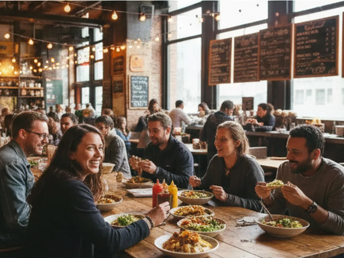Inside a lively Queens food hall, diverse groups of friends eating at shared tables, vendors behind counters serving dumplings, tacos, and noodle bowls, with hanging lights and handwritten menu boards, captured with natural color and soft depth of field.