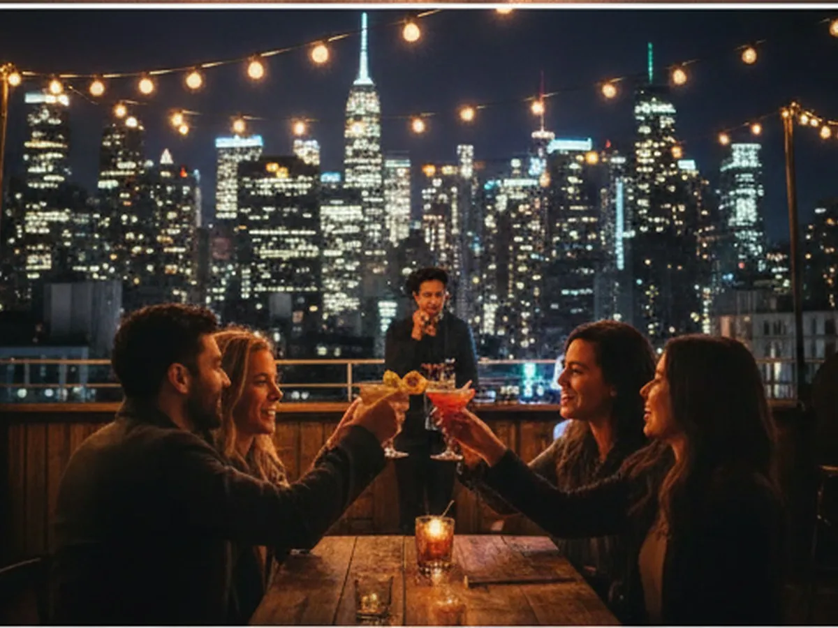 Nighttime Brooklyn rooftop bar with a small group of friends silhouetted against the lit Manhattan skyline, string lights overhead, cocktails on the table, and a DJ booth in the background, photographed in a crisp, cinematic style.
