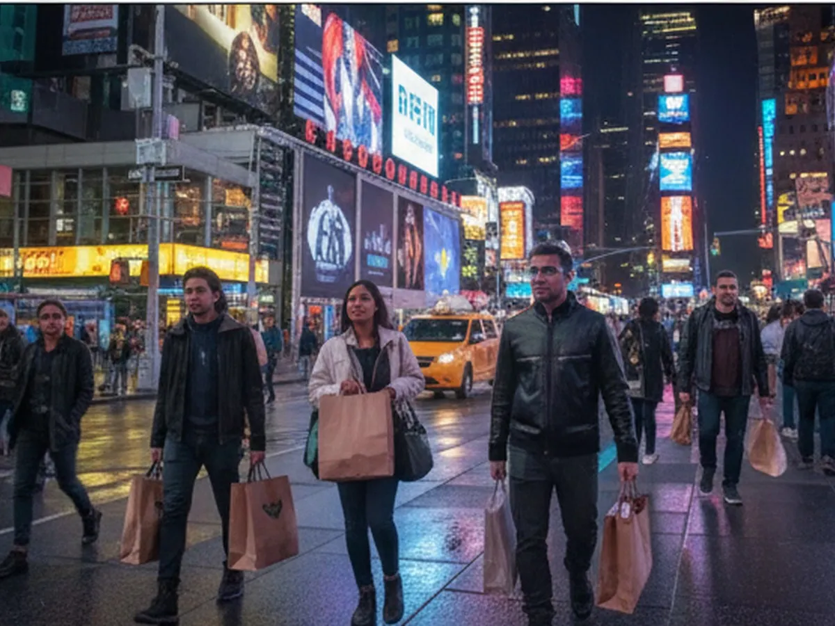 Photorealistic evening street scene near Times Square in Manhattan, with diverse twenty‑ and thirty‑somethings in casual clothes carrying shopping bags and a few wearing subtle sci‑fi inspired outfits, bright city lights reflecting on wet pavement, no visible logos or text.