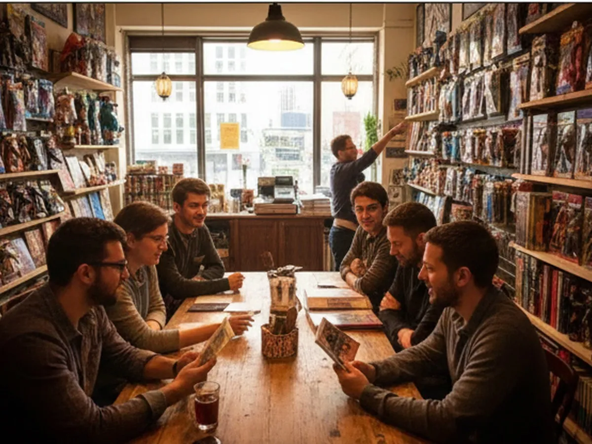 Daytime interior of an independent comic and collectibles shop in Brooklyn, shelves lined with assorted action figures and graphic novels, a small group of adults browsing and chatting, warm natural light from the front windows, no recognizable branding or character likenesses.