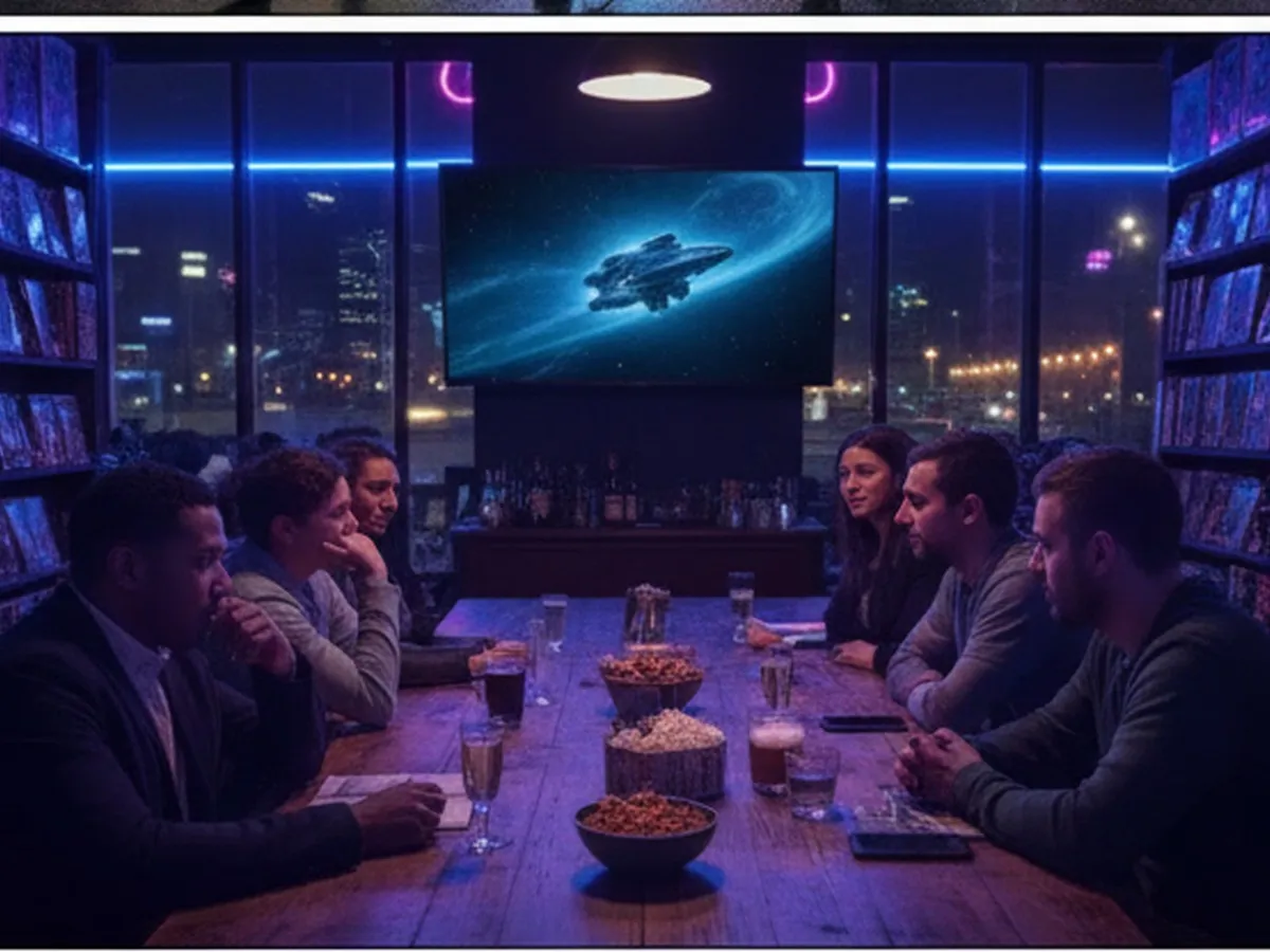 Nighttime bar setting in Queens with a long table where young adults sit together watching a space-themed movie on a wall-mounted TV, ambient neon lighting and city view through the windows, drinks and snacks on the table, no readable labels or trademarked costumes.