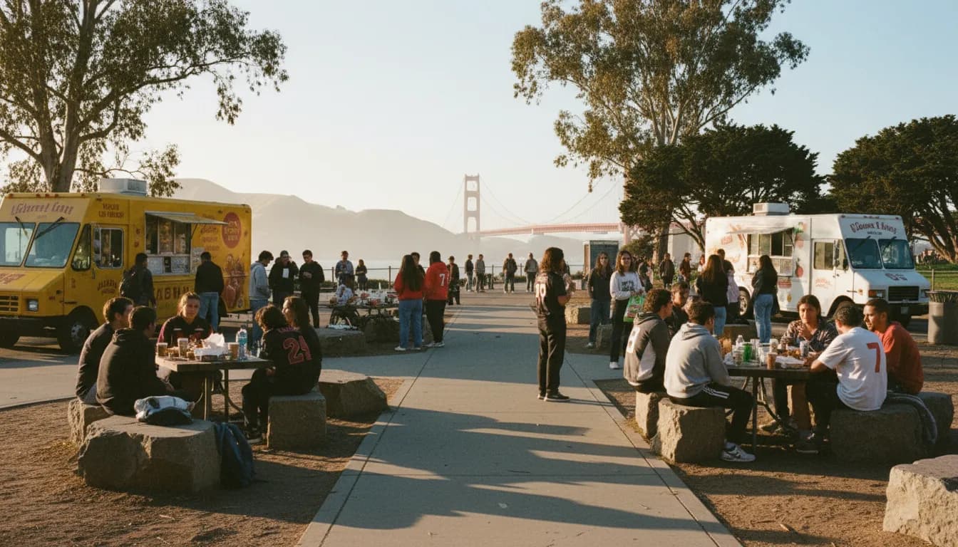 Bronny James Lakers Development: San Francisco Group Planning for Sports Social — photorealistic San Francisco editorial scene