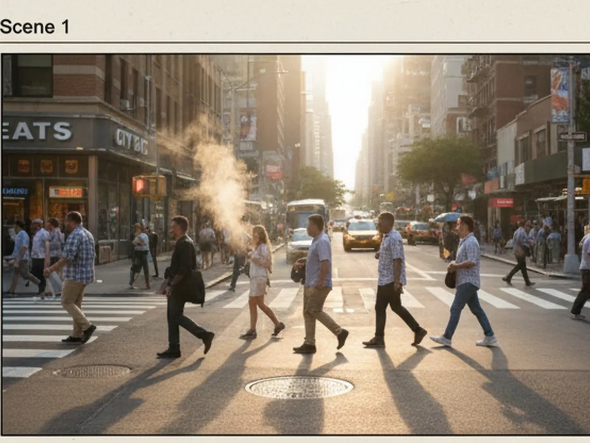 Cover photo: Early morning street scene in Midtown Manhattan with soft golden light, a busy crosswalk, commuters in casual workwear and summer outfits, steam rising from a manhole, and a generic fast-food storefront in the background, shot at street level with shallow depth of field.