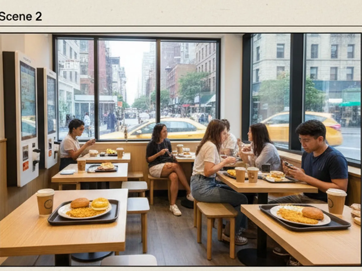 Inline one: Interior shot of a bright, modern fast-food restaurant in New York City with diverse young adults ordering at digital kiosks and sitting at tables, trays with coffee, hash browns, and breakfast sandwiches visible, large windows showing an urban streetscape outside.