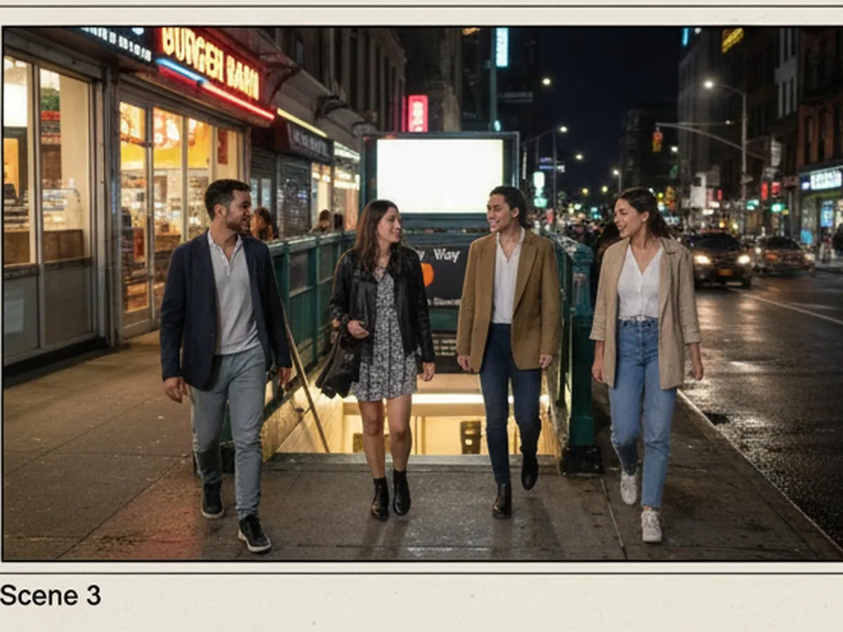 Inline two: Late-night NYC street scene with friends in their 20s walking past illuminated storefronts and a generic fast-food spot, subway entrance nearby, car headlights and neon reflections on wet pavement, capturing the feel of a spontaneous food stop after going out.