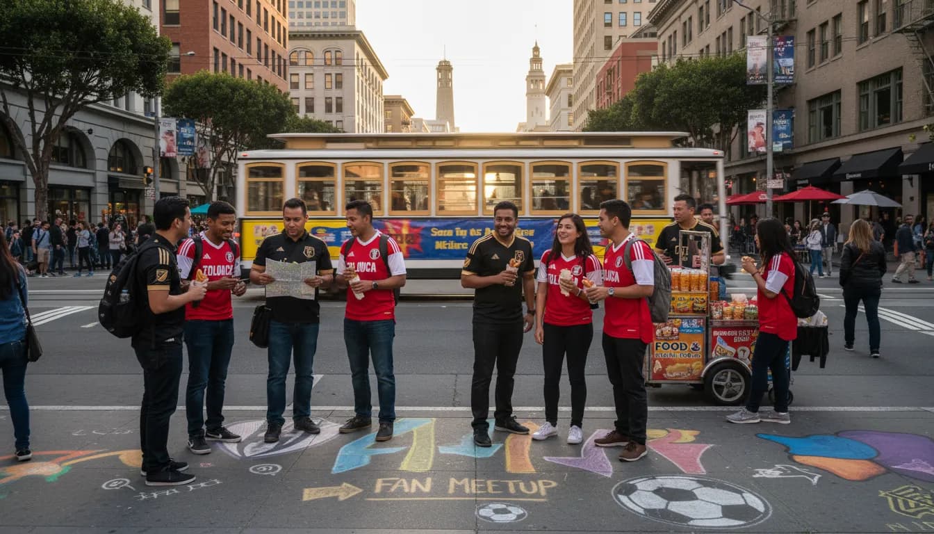 Toluca vs LAFC: San Francisco Group Social Planning for Soccer Fans — photorealistic San Francisco editorial scene