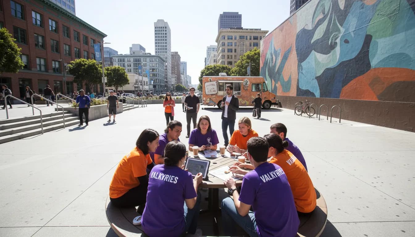 Valkyries vs Sparks: San Francisco Group Planning for Sports Social — photorealistic San Francisco editorial scene