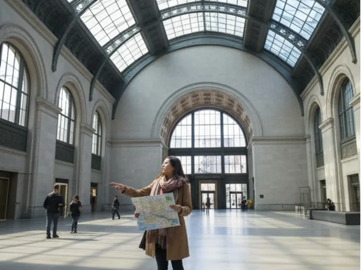 Photorealistic wide shot of a solo visitor standing beneath soaring museum atrium architecture in Manhattan, holding a folded transit map and looking toward a gallery entrance, natural daylight, editorial travel photography, no readable text.