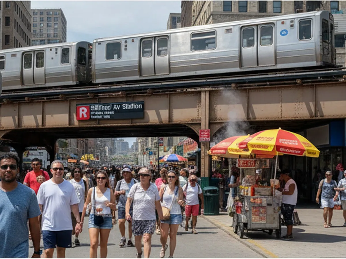 Street-level view at Stillwell Avenue near Coney Island–Stillwell Ave station, diverse crowd moving toward Nathan’s Famous flagship, subway train pulling into elevated platform above, MTA signage visible, hot dog stand and summer outfits in foreground.