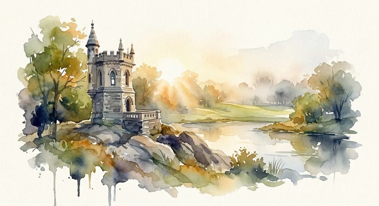 Belvedere Castle on Vista Rock at sunrise, Central Park, with the Manhattan skyline in the background