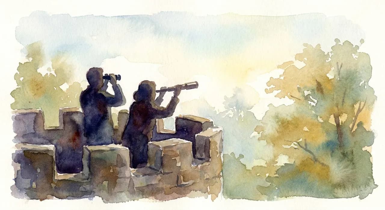 Birdwatchers with binoculars at Belvedere Castle's parapet at first light, Central Park spring migration