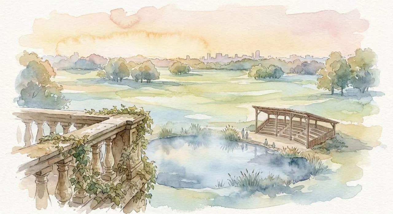 Turtle Pond from the north balcony of Belvedere Castle in early morning, with the Delacorte Theater and the Great Lawn visible in the distance