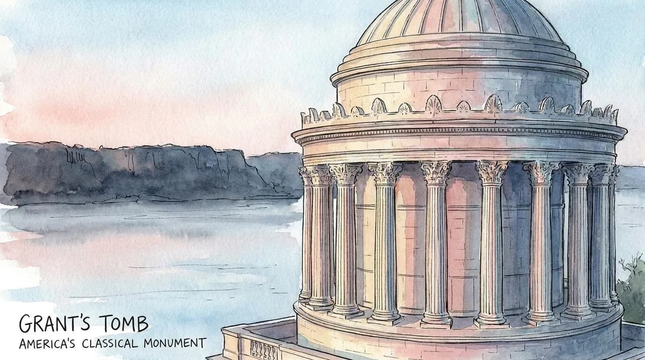 Hero — the granite dome of Grant's Tomb at dawn, the columns catching first light, the Hudson River and the cliffs of the Palisades visible behind in the early morning haze