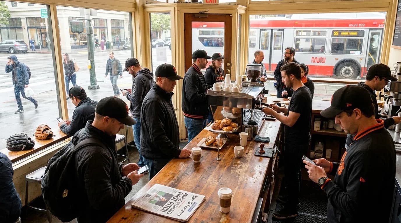 Astros vs Giants: SF Coffee Stops Before First Pitch — photorealistic San Francisco editorial scene