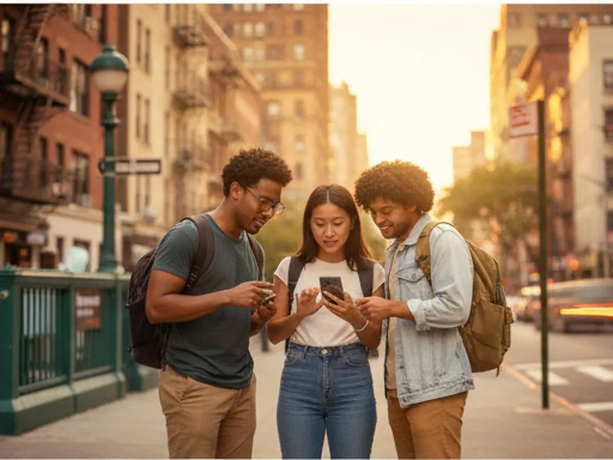 Golden-hour cover shot of a diverse group of 20- and 30-something New Yorkers standing on a Bronx sidewalk, subway entrance in the background, looking at a phone together while planning a zoo visit; soft city traffic blur, warm natural lighting, and no visible logos or text.