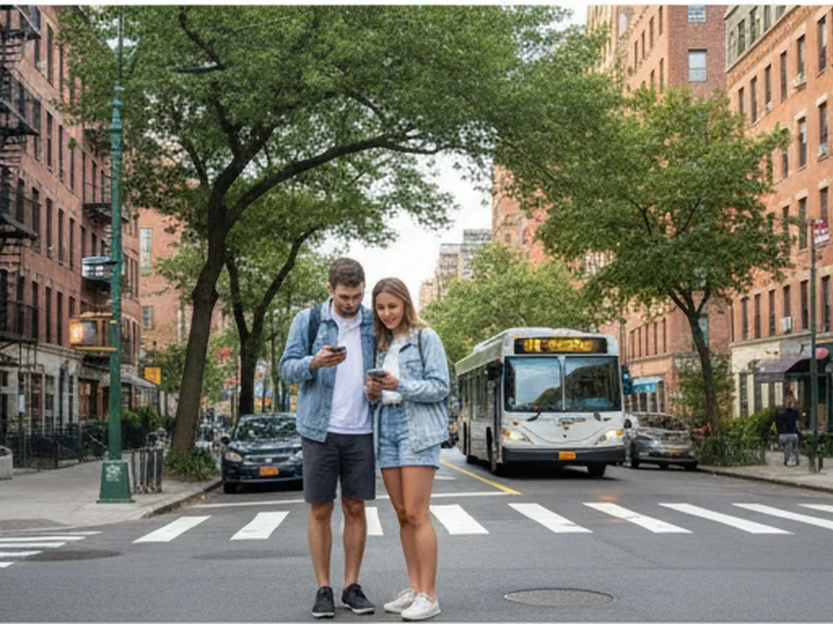 Daytime scene on a tree-lined Bronx residential street near the zoo, with a couple in casual summer clothes checking a transit app on their phone while a bus approaches in the distance; realistic lighting, crosswalk markings, and standard NYC architecture without recognizable signage.