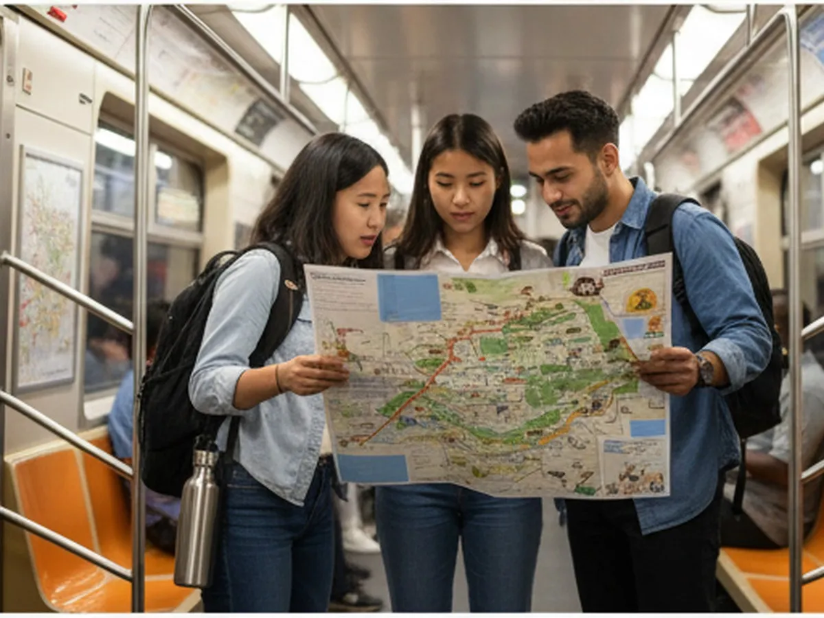 Interior subway car shot with realistic NYC details, showing a small group of friends with backpacks and reusable water bottles reviewing a printed Bronx Zoo map; natural mixed lighting from subway windows and overhead fixtures, no readable ads or logos.