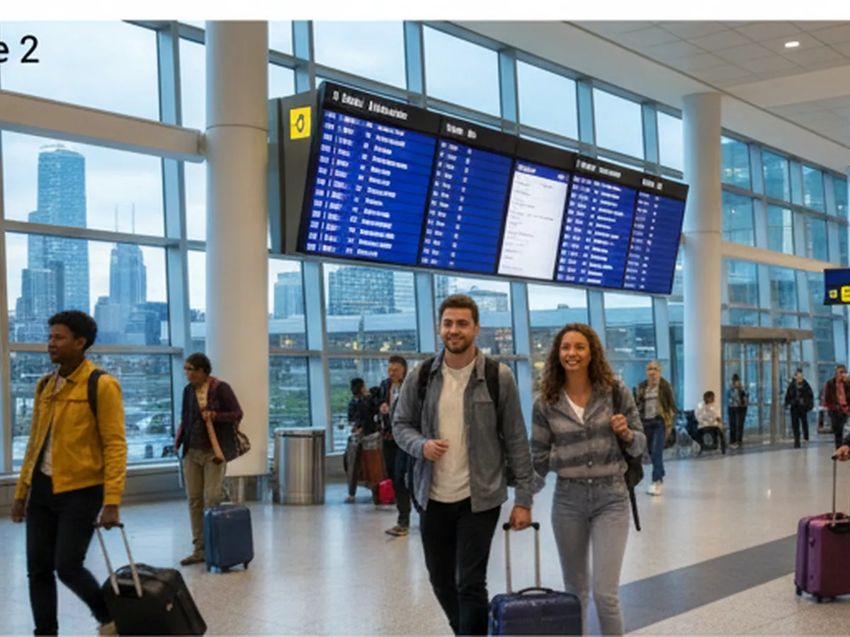 Busy evening scene inside a modern NYC airport terminal with travelers walking toward international gates, departure boards glowing, and a couple in casual streetwear rolling carry-ons, suggesting they’re heading to Portugal.