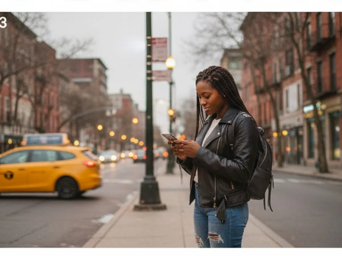 Candid street-level photo of a young New Yorker standing on a Brooklyn sidewalk checking travel details on their phone, yellow taxi blurred in the background, city lights just coming on, conveying pre-trip planning energy.