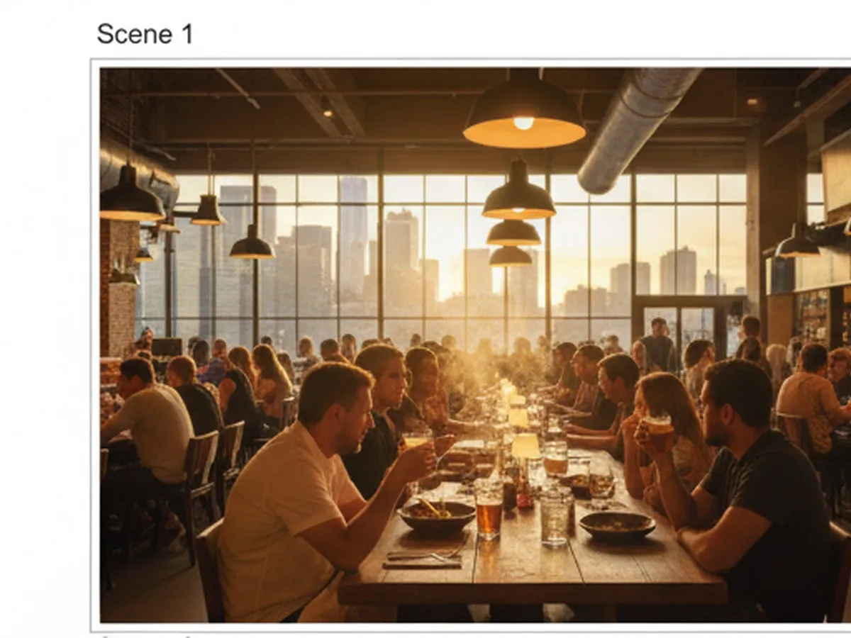Golden-hour cover shot of an NYC food hall: wide-angle view inside Time Out Market New York, showing communal tables, diverse crowds in their 20s and 30s, and open vendor stalls with steam rising from dishes, all under industrial-chic lighting and big windows framing the Manhattan skyline in the background.