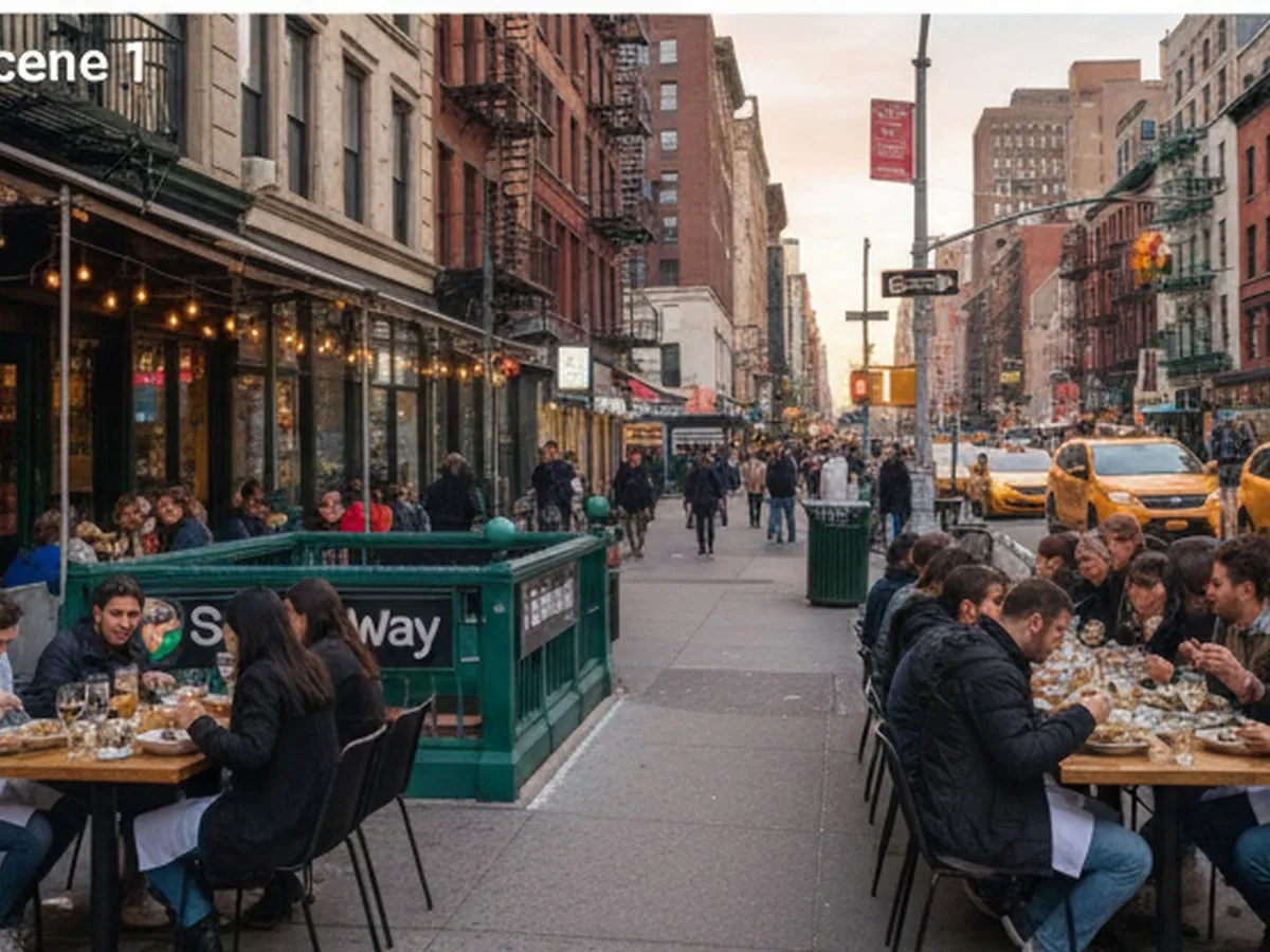Golden-hour street-level shot in Manhattan showing a busy seafood restaurant with an open storefront, fresh oysters and shellfish displayed on ice at the bar, people dining at sidewalk tables, and yellow cabs and subway entrance visible in the background to clearly place the scene in NYC.