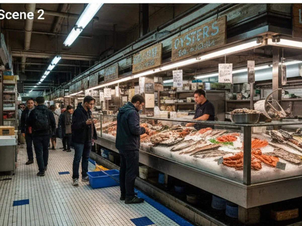 Indoor market scene at a New York City fish market with wide-angle view of ice-packed fish and shellfish cases, shoppers in casual clothes comparing whole fish, and overhead signage for different vendors, with fluorescent lighting and tiled floors to give an authentic working-market feel.