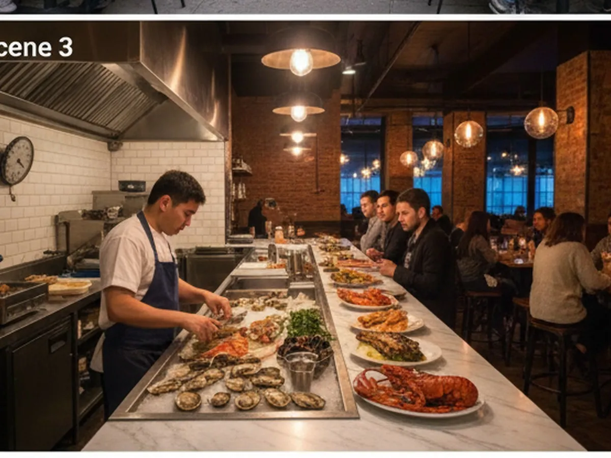 Evening interior of a stylish New York seafood restaurant with a marble raw bar, a chef shucking oysters, plates of grilled fish and lobster on the counter, and a mix of young diners seated at high-top tables, with subway tiles and industrial lighting hinting at a modern NYC setting.