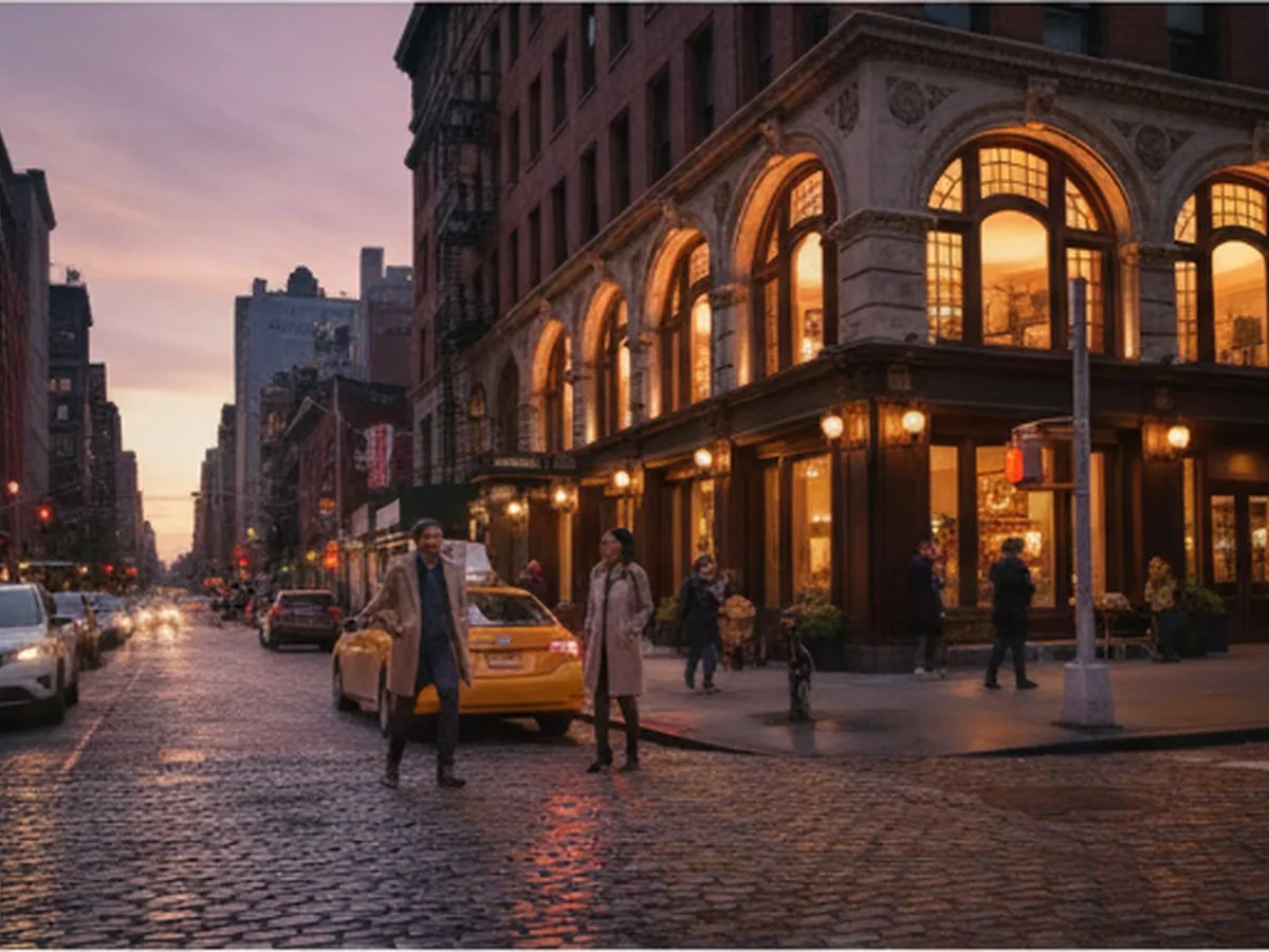 Golden-hour street view of a classic New York steakhouse with warm glowing windows, dark wood facade, and people in smart casual outfits arriving by yellow cab on a busy Manhattan block, shot at sidewalk eye level after sunset.