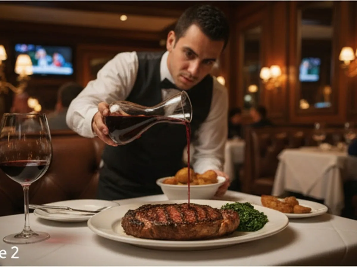 Interior dining-room scene of an upscale NYC steakhouse with white tablecloths, leather banquettes, a tuxedoed server pouring red wine, and a medium-rare steak with sides on the table, background softly blurred with other diners.