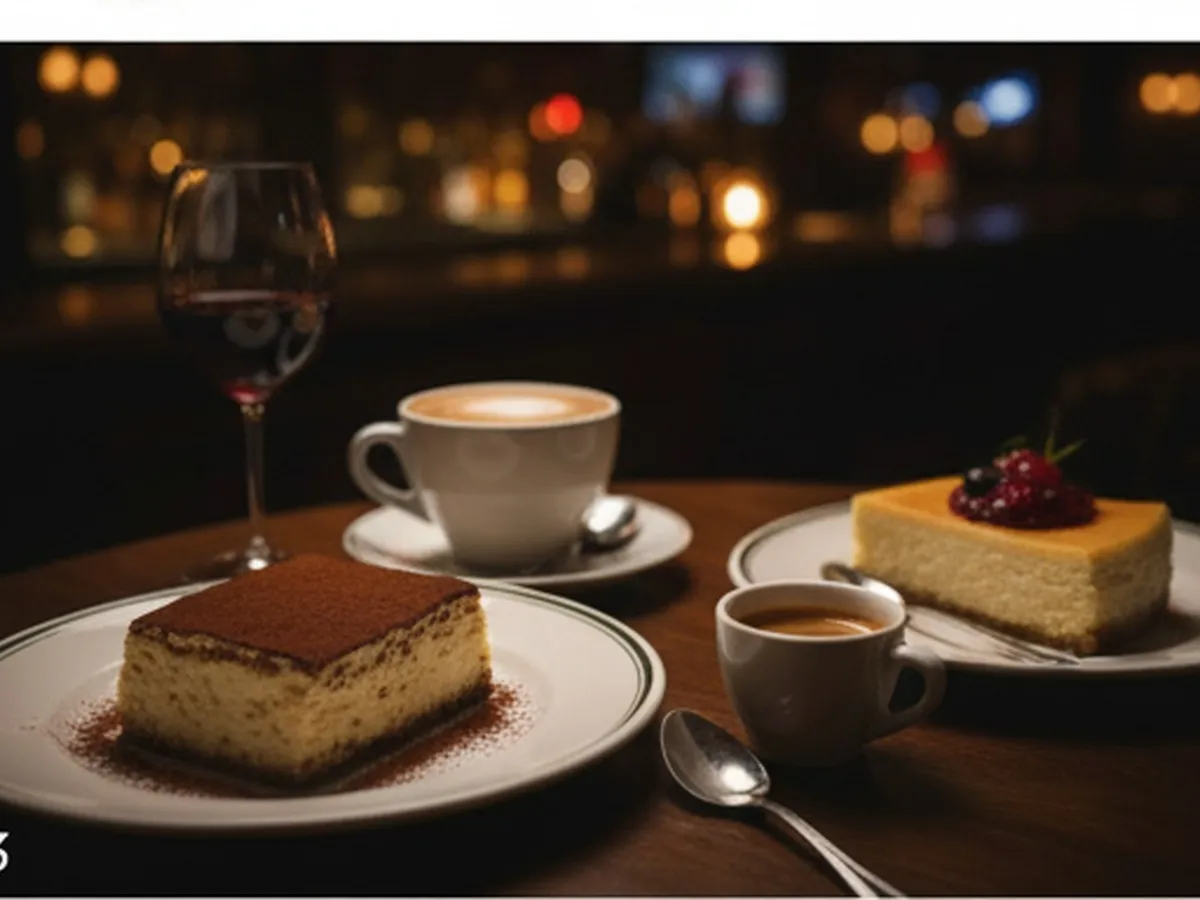 Late-night dessert-and-coffee close-up in a cozy NYC restaurant: tiramisu and a slice of cheesecake on small plates, a cappuccino and an espresso on the table, dim ambient lighting and hints of a bar and city lights in the background.