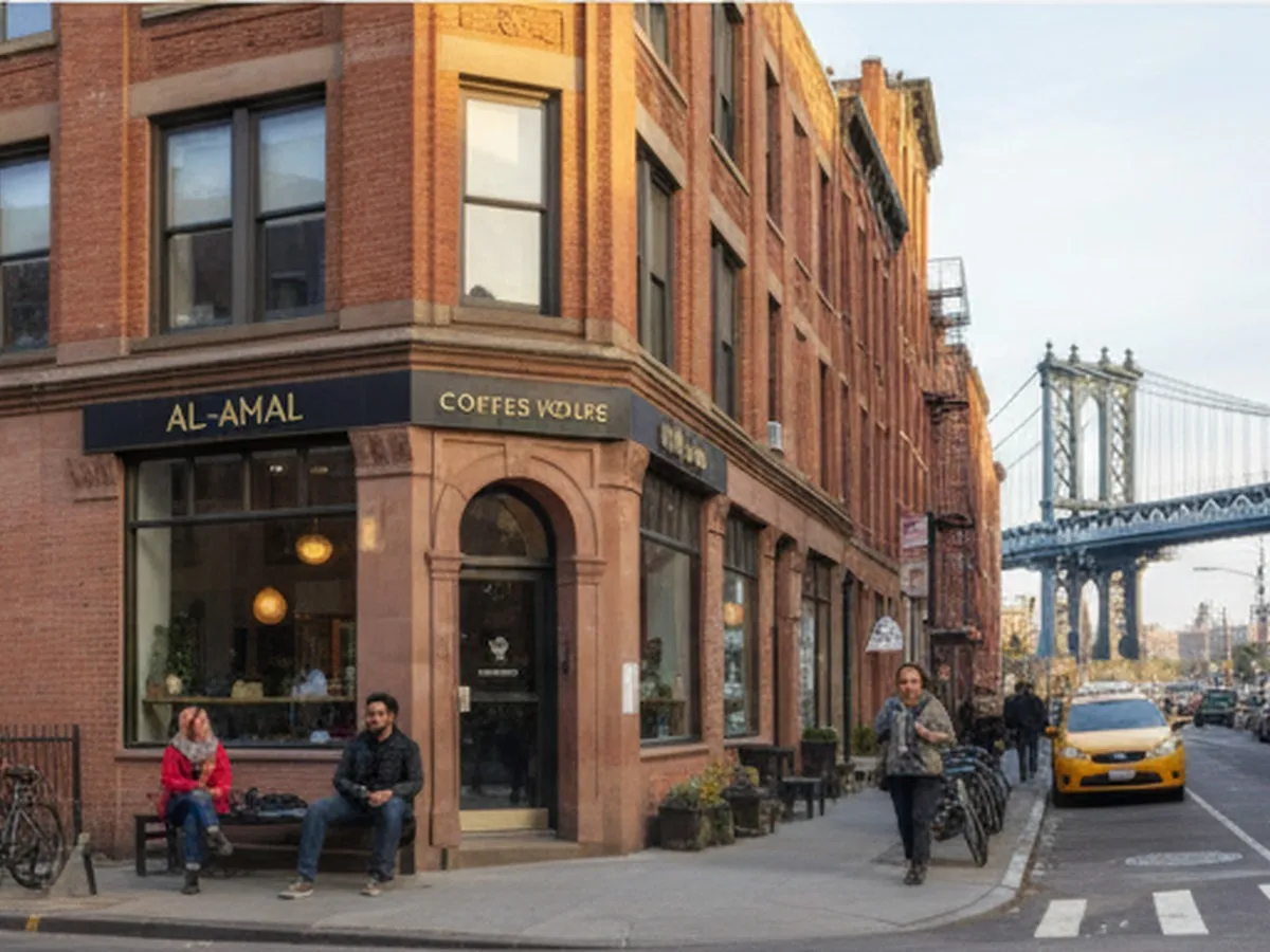 A bright, photorealistic street-level scene outside a modern Yemeni coffee shop in New York City, with pedestrians, parked bikes, warm afternoon light, and a subtle view of neighborhood buildings and storefronts, editorial travel photography style.