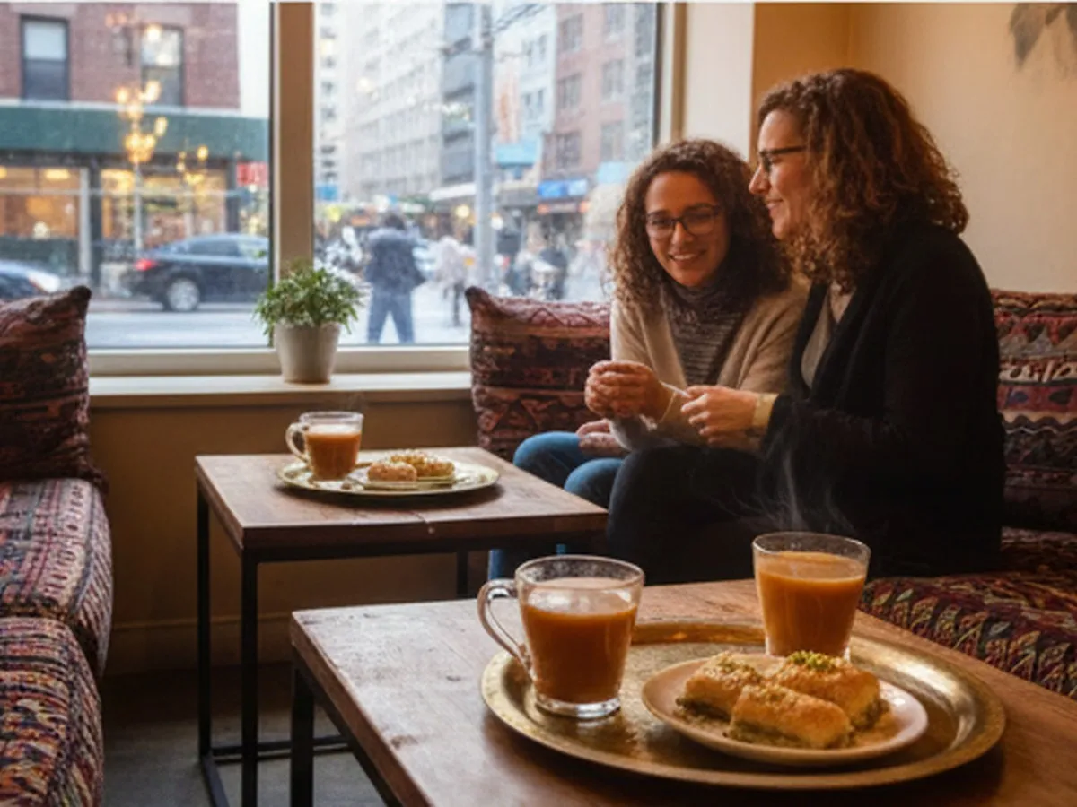 Inside a cozy NYC coffee shop with low seating, brass trays, glass cups of cardamom coffee, a plate of honey-drizzled pastry, and customers chatting softly near a window facing a busy sidewalk, photorealistic lifestyle editorial image.