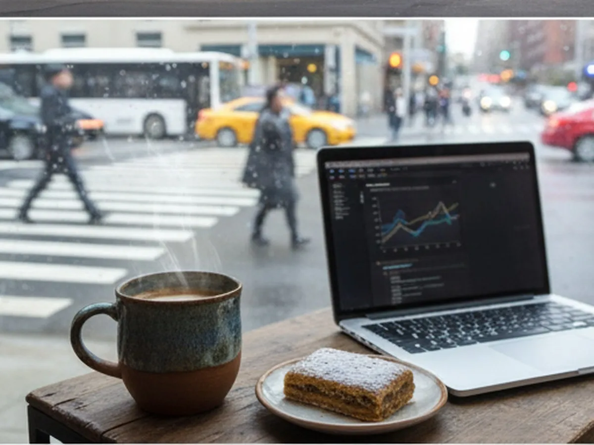 A close, photorealistic New York coffee counter scene showing a textured ceramic cup, date-filled pastry, and a laptop on a small wooden table by the window, with city traffic and crosswalk motion blur outside, clean magazine-style composition.