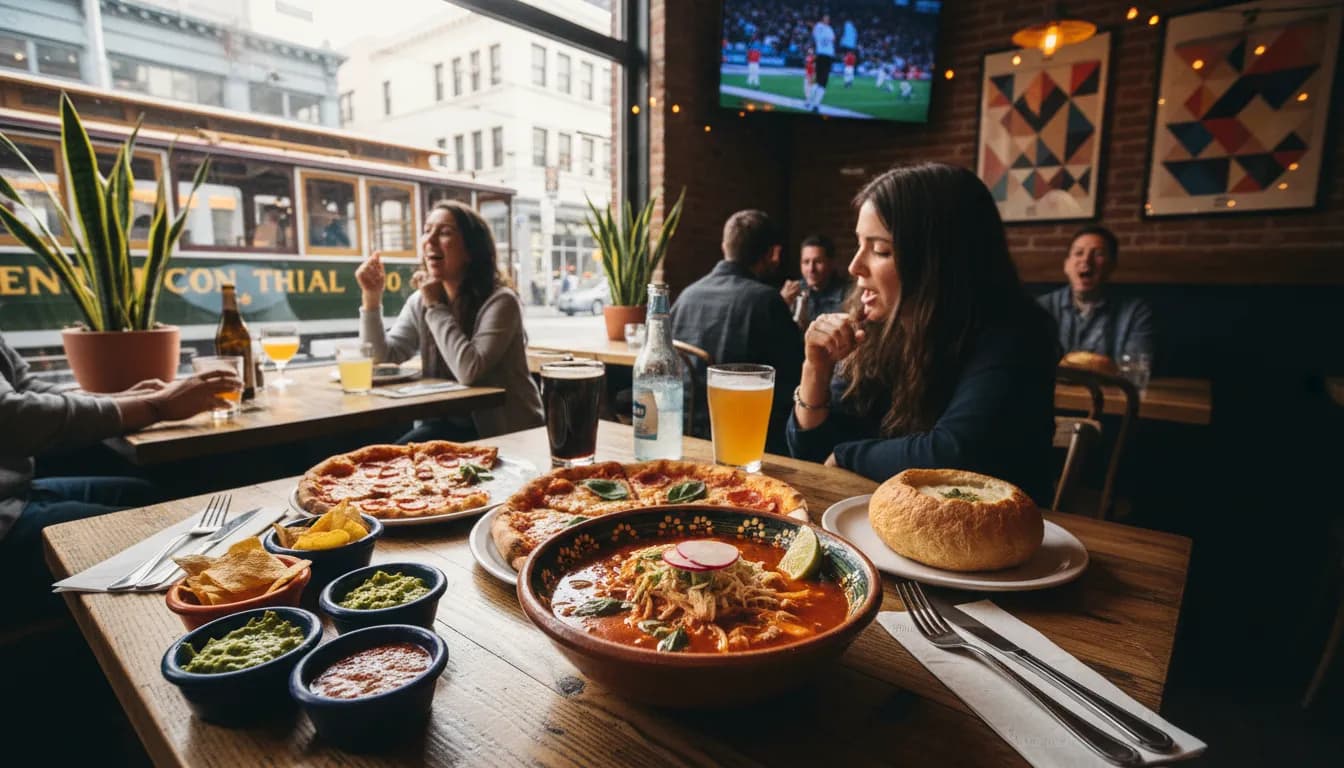Cruz Azul vs New York City: SF Match-Day Meals — photorealistic San Francisco editorial scene