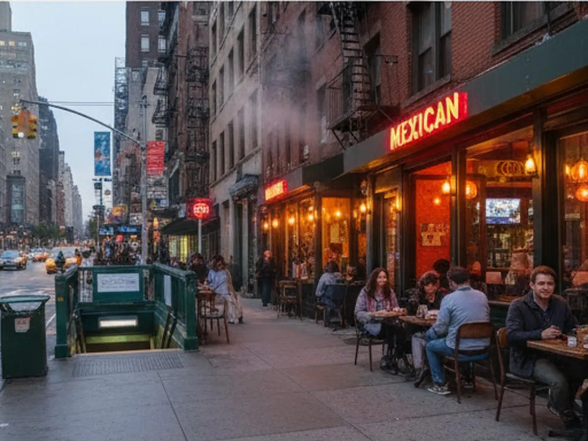 Twilight street-level view of a busy NYC block with a warmly lit Mexican restaurant storefront, sidewalk tables, and people chatting over food, yellow cabs and subway entrance in the background, shot on a full-frame camera with shallow depth of field.